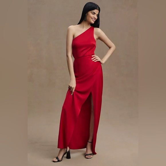 BHLDN Dylan One Shoulder Satin Side Slit Midi Dress Red - Picture 1 of 4